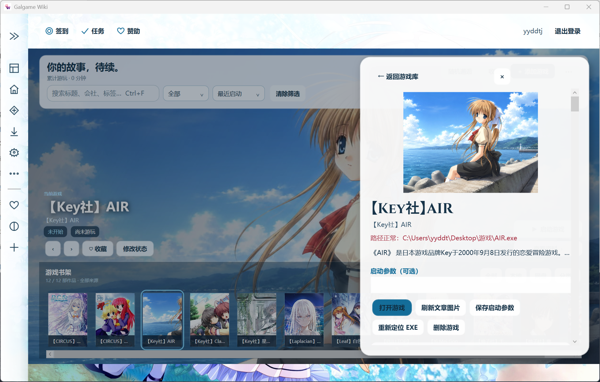 Galgame Wiki 的游戏详情、启动参数和路径管理界面
